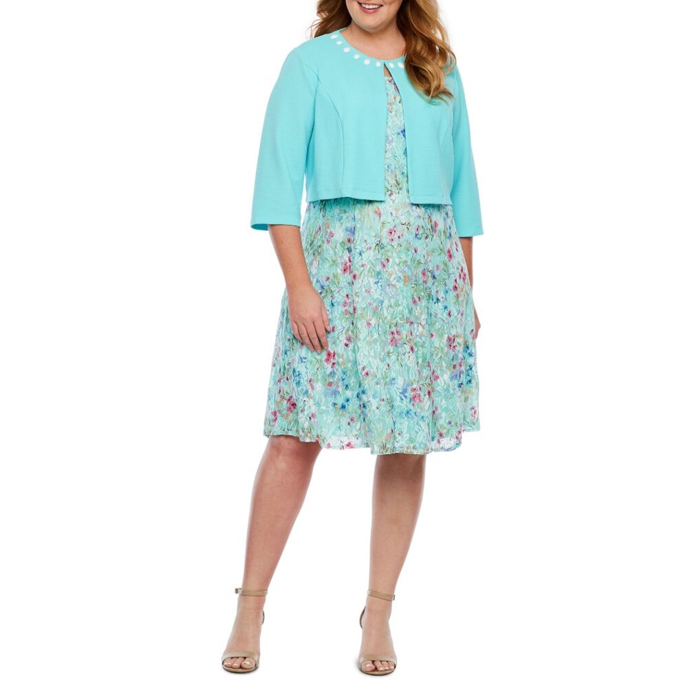 NEW Perceptions New York Aqua Jacket & Sleeveless Floral Lace Lined Dress 3x